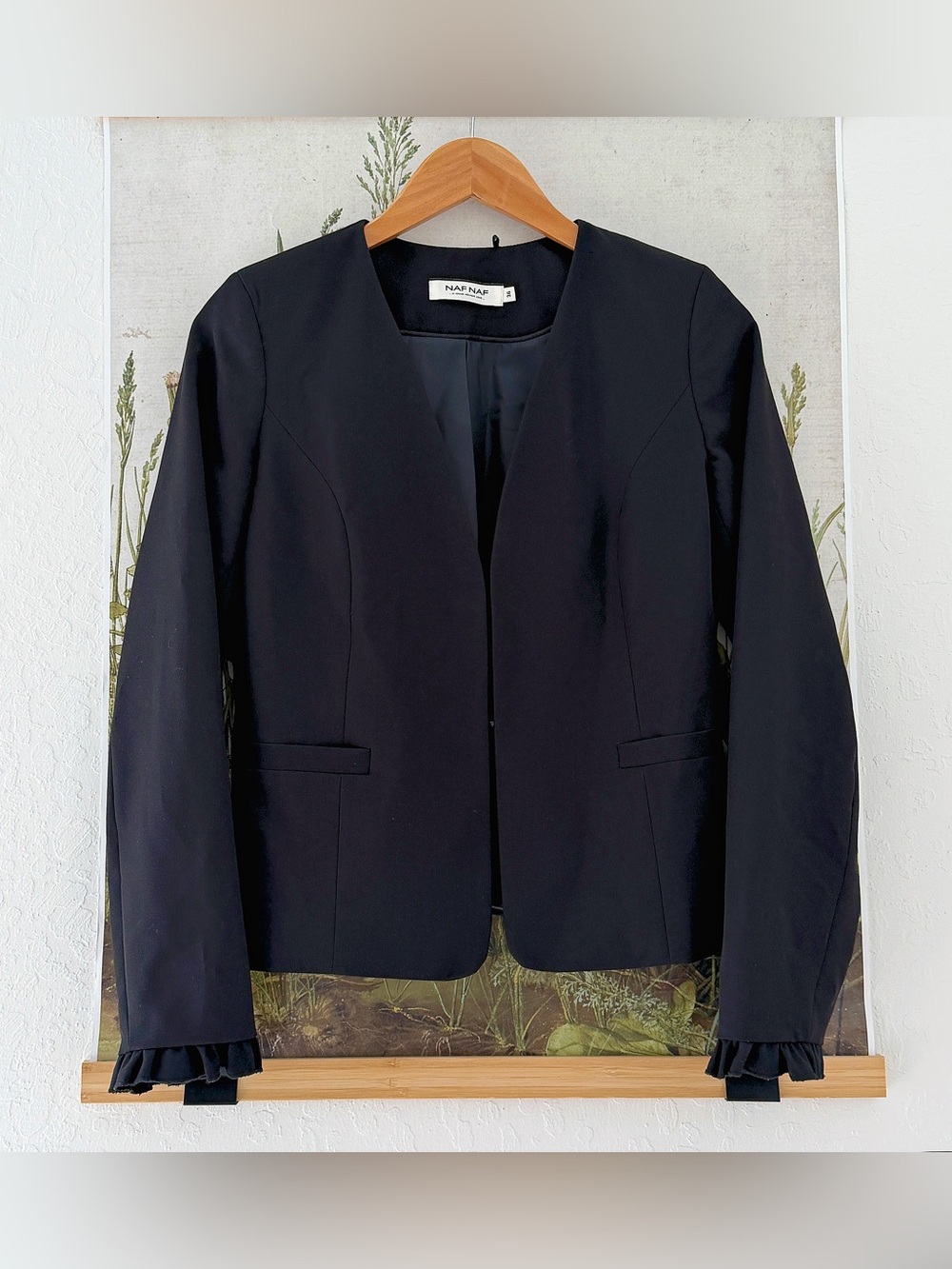 NAF NAF Black Open-Front Women's Blazer with Ruffle Cuffs